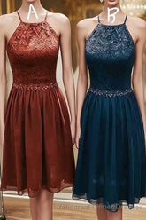 Elegant Halter Lace Teal Cocktail Dresses,Fancy Short Dresses Semi Formal Prom